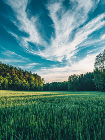 Lush green fields stretch across the landscape adorned by tall grass under a stunning sky. Wispy clouds create dynamic patterns as the sun begins to set on a tranquil evening.の素材