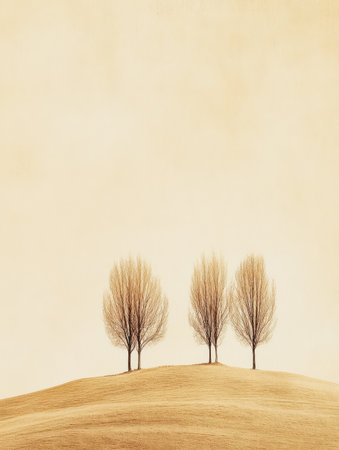 Three slender trees stand tall on a rolling hill their branches bare against a pale background. The soft hues of the landscape evoke a serene autumn mood creating a tranquil atmosphere.の素材