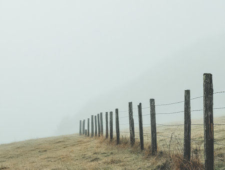 A rural landscape features a wooden fence line stretching across a grassy field. The scene is enveloped in thick fog creating a serene and mysterious atmosphere early in the morning.の素材