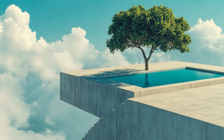 An imaginative setting showcases a modern structure with a swimming pool and a solitary tree. The scene is set against a backdrop of vibrant blue sky and soft white clouds during daylight.の素材