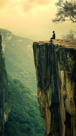 A person sits peacefully on the edge of a rocky cliff gazing over a vast green valley. The sunset casts warm hues across the landscape creating a tranquil atmosphere.の素材