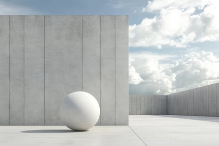A spherical sculpture sits on a smooth concrete surface surrounded by minimalist walls. Clouds drift overhead creating a peaceful atmosphere in the open space.の素材