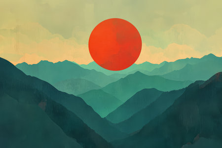 A striking red sun sinks behind a tranquil mountain range during sunset. Layers of hills in various shades of blue-green create depth enhancing the peacefulness of the natural landscape.の素材