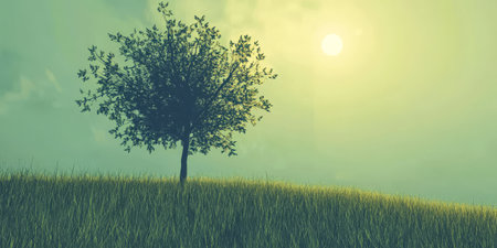A solitary tree stands on a gentle hillside bathed in golden sunlight. The grass sways gently in the breeze under a soft hazy sky creating a tranquil morning atmosphere.の素材