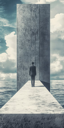 A man dressed in a suit walks along a narrow path leading to a tall concrete structure rising from the water set against a backdrop of fluffy clouds and a tranquil sea.の素材