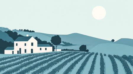 Rolling hills surround a charming farmhouse set amidst lush green vineyards with a bright sun shining down on the peaceful scenery. Perfect for a calm afternoon.の素材