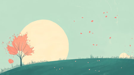 A serene autumn landscape features a pink tree on a gentle hill. Leaves gently fall while a large sun casts a warm glow on the scene creating a peaceful atmosphere in the cool evening.の素材