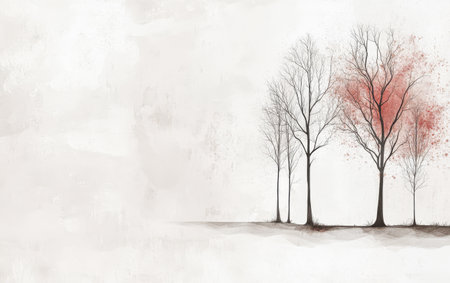 Four tall leafless trees stand on a soft muted background. Red splashes create a contrast suggesting change or emotion.の素材