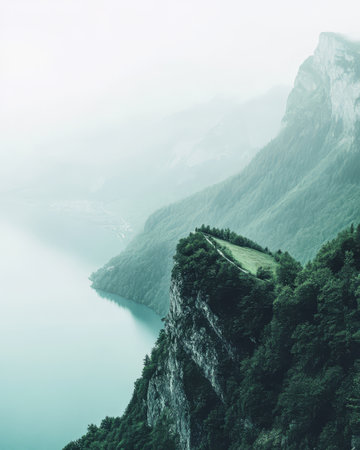 A breathtaking view features a rocky mountain peak blanketed in dense greenery rising above a tranquil misty lake. The early morning light enhances the serene atmosphere inviting exploration.の素材