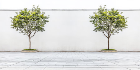 Two trees are positioned symmetrically on a minimalistic patio set against a plain white wall. The scene captures a clean and tranquil environment during bright daylight.の素材