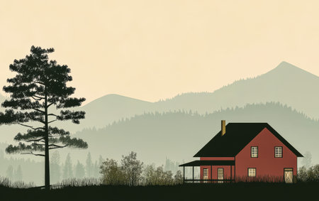 A red house is located on a grassy hill surrounded by lush pine trees with distant mountains creating a serene backdrop at sunset. The sky is softly lit with warm hues.の素材