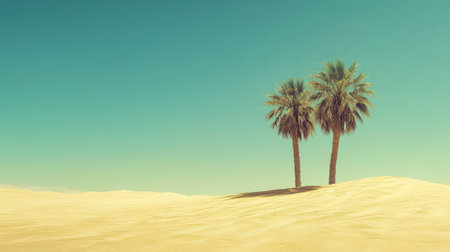 Two palm trees rise above golden sand dunes in a serene desert landscape. The clear blue sky provides a perfect backdrop to this peaceful natural setting during the day.の素材