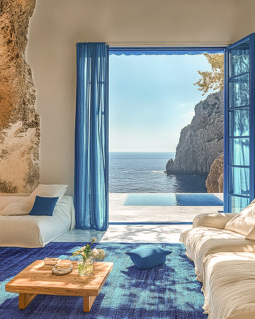 A bright living room features large blue curtains framing an ocean view. The space includes a wooden table comfortable seating and a vibrant rug creating a serene atmosphere by the sea.の素材