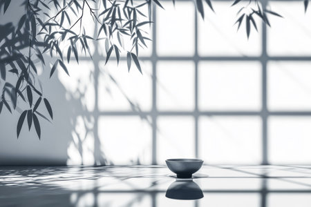 Bamboo leaves cast intricate shadows on a smooth surface highlighting a simple stone bowl. Soft light filters through a grid window creating a serene atmosphere in a peaceful space.の素材