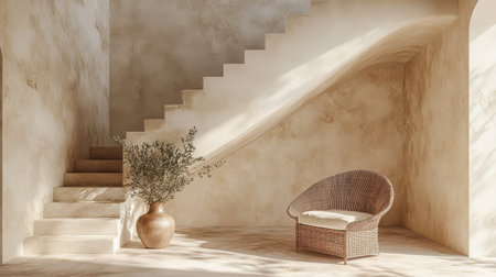 Sunlight filters through a spacious indoor area highlighting a textured wall and a winding staircase. A woven chair and a vase with greenery add warmth and style to the setting.の素材