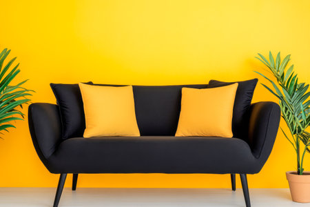 The stylish black couch is adorned with bright yellow cushions placed in front of a lively yellow wall. Lush green plants add a natural touch to the contemporary decor.の素材