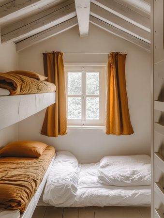 A charming nook featuring a multilevel sleeping arrangement with warm orange bedding. Sunlight floods the space through a window adorned with light curtains enhancing the cozy atmosphere.の素材