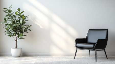 A cozy living area features a sleek black chair beside a leafy potted plant. Soft sunlight streams through a window highlighting the minimalist decor and tranquil ambiance.の素材