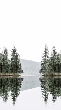A serene landscape captures tall pine trees surrounding a still lake. The mist envelops the area creating a peaceful atmosphere as the trees reflect perfectly in the calm water.の素材