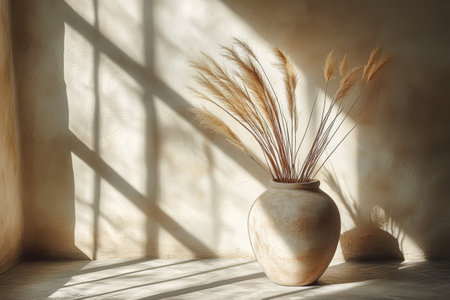 A ceramic vase filled with dried grass stands in a softly illuminated corner of a room. The gentle shadows from the window create a tranquil calming ambiance.の素材