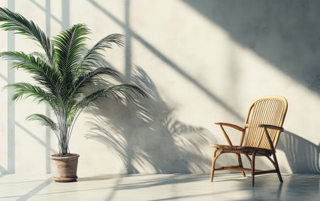 A sunlit interior showcases a rattan chair placed beside a potted palm. The play of shadows creates a serene atmosphere in this minimalist space.の素材