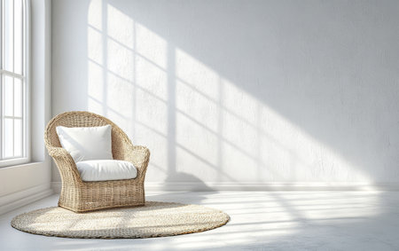 A cozy wicker chair with a soft cushion sits on a round rug in a bright room. Sunlight filters through large windows casting shadows on the white walls creating a calm atmosphere.の素材