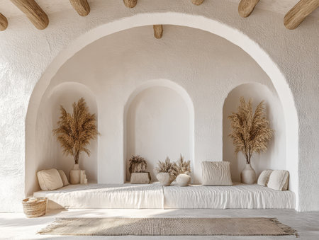 A cozy nook showcases soft cushions and stylish decor surrounded by earthy tones and natural plants. The white walls and wooden beams create a calm and inviting atmosphere.の素材