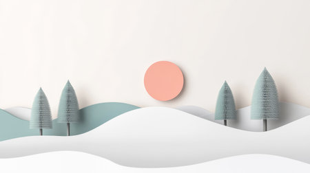 A serene minimalist landscape is depicted with soft pastel colors. Stylized trees stand on rolling hills and a gentle sun rises in the background creating a peaceful atmosphere.の素材