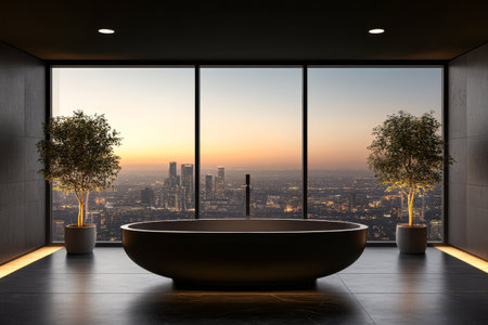 Modern bathroom features a sleek bathtub and large windows showcasing a stunning sunset over the skyline. Indoor plants add a touch of nature to the elegant design.の素材