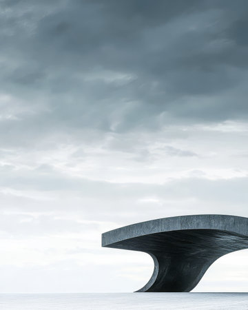 A striking curved concrete structure stands above a tranquil body of water surrounded by a moody sky filled with clouds. The minimalist design creates a serene atmosphere.の素材
