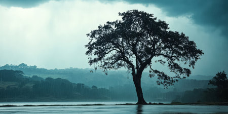 A solitary tree casts its silhouette against dark storm clouds above a tranquil lake. The atmosphere is calm yet dramatic as raindrops begin to fall creating ripples on the water's surface.の素材
