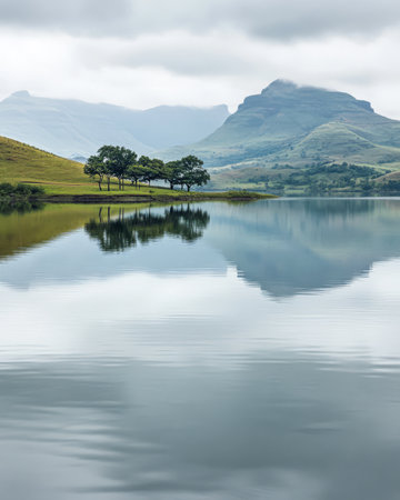 A tranquil lake mirrors the surrounding mountains and trees creating a peaceful atmosphere. The cloudy sky adds a gentle touch to this natural setting perfect for relaxation.の素材