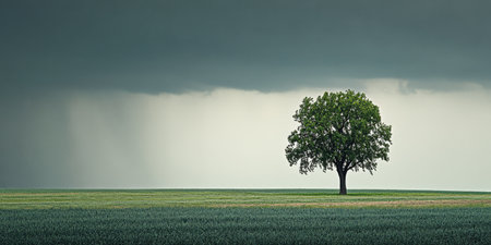 A solitary tree rises prominently on a vast green field beneath an approaching dark sky. The atmosphere hints at an impending storm capturing nature's beauty and tension.の素材