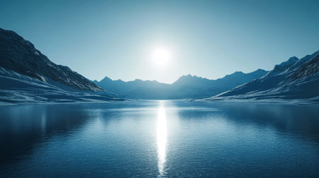 A serene winter morning reveals a stunning mountain lake bathed in the warm glow of the rising sun. The surrounding peaks are covered in snow their reflections shimmering in the calm water.の素材