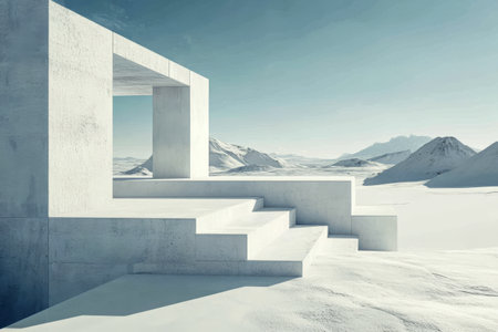 A modern minimalist structure sits on a snow-covered landscape featuring sharp angles and a clean design.の素材