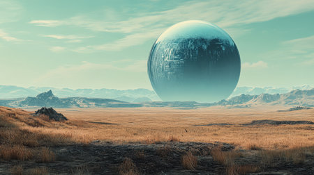 A massive smooth sphere hovers over a vast barren landscape with rocky formations in the distance. The scenery features dry grass and distant mountains creating an otherworldly atmosphere.の素材
