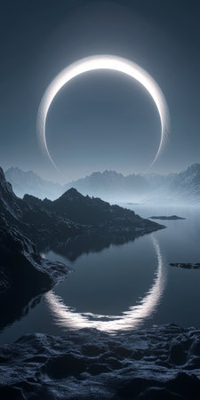 A stunning lunar eclipse creates a luminous arc over a tranquil lake surrounded by rugged mountains under a twilight sky. The reflection adds a magical touch to the serene landscape.の素材