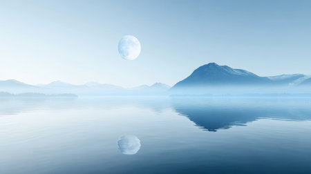 A tranquil landscape features a large moon hanging low in the sky over a calm lake. Mountains surround the water their silhouettes soft against the twilight. Mist hovers gently above the surface.の素材