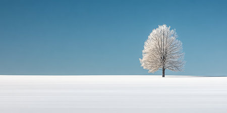 A solitary tree covered in frost rises amidst a blanket of fresh snow. The bright blue sky enhances the stark beauty of the winter landscape. The scene captures a serene and quiet atmosphere.の素材