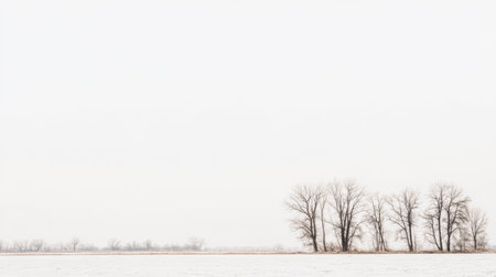 A tranquil winter landscape features a group of bare trees standing in snow. The sky is overcast creating a calm and serene atmosphere in a rural setting.の素材