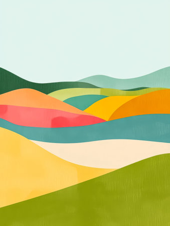 Colorful rolling hills create a tranquil landscape showcasing shades of green yellow orange and blue. The serene composition inspires a sense of calm and connection to nature.の素材