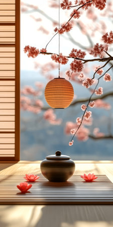 Soft light filters through a window revealing delicate cherry blossoms. A tea urn surrounded by lotus flowers creates a peaceful ambiance enhanced by a hanging lantern.の素材