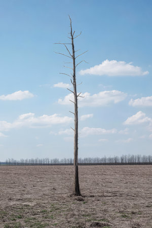 In an expansive field a solitary tree rises toward the sky showcasing bare branches against a backdrop of fluffy clouds. The ground is dry and sparse emphasizing the tree's isolation.の素材