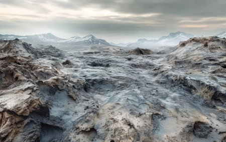 Vast barren landscape showcases jagged rock formations and a rugged texture. Mountains loom in the distance as soft light filters through the clouds creating an otherworldly atmosphere.の素材