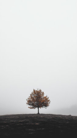 A solitary tree adorned with autumn leaves rises from dark charred ground in a fog-drenched setting. The surrounding area is shrouded in mist creating an ethereal atmosphere.の素材