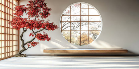 A serene interior features a round window revealing vibrant autumn trees. A decorative tree adds a natural touch to the minimalistic space enhancing tranquility and harmony.の素材