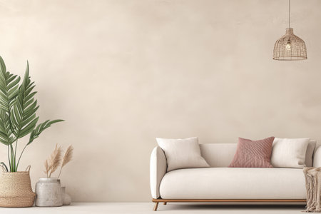 A stylish living room features a white sofa adorned with decorative pillows a warm pendant light and greenery creating a serene and inviting atmosphere.の素材