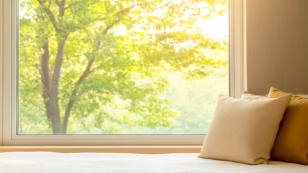 A cozy bed with soft cushions is illuminated by warm sunlight streaming in through a large window. Outside lush green trees create a tranquil and refreshing atmosphere.の素材