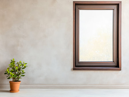 A modern interior space showcases a large window with wooden framing allowing natural light to fill the room. A small potted plant adds a touch of greenery beside the wall.の素材