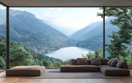 A spacious living room features a large window showcasing breathtaking views of mountains and a serene lake. The design is contemporary with comfortable seating and natural light flooding the space.の素材